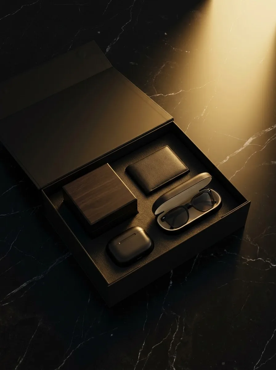 Caja sorpresa Premium abierta sobre marmol negro con spotlight gold